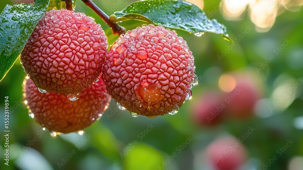 Obraz premium Ripe Lychees Hanging on Tree Branch in Morning Light