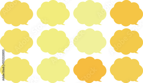 All the bubbles have a distinctive, rounded, cloud-like, or scalloped edge design. This vector image features twelve speech bubbles.　Yellow and orange color.