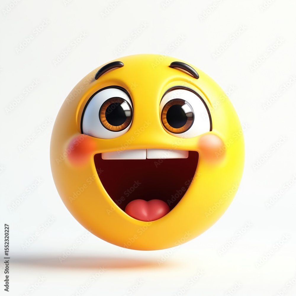 Fototapeta premium Joyful yellow emoji with wide eyes, open-mouth smile on white background. Cheerful face radiates positive vibes expressing fun emotions, happiness, delight, surprise, joy. Ideal for app, social