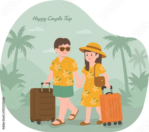 Happy Couple Travel Illustration – Tropical Vacation with Luggage, Summer Outfits and Palm Trees