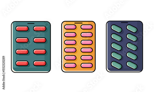 Set of different blister and capsule pack isolated on white background. Medical vector illustration of packing tablets. Capsules of different colors. Painkillers, antibiotics, vitamins, aspirin, drug