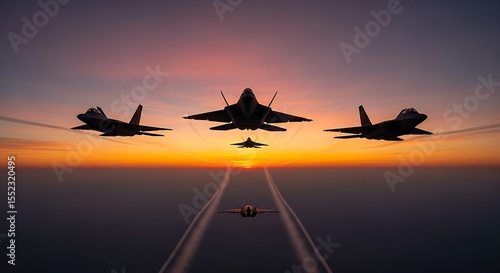 Stunning Silhouette of Fighter Jets at Sunset Aerial Formation Flight