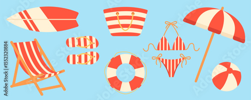 Flat vector set striped beach cartoon elements including umbrella, surfboard, swimsuit, chair, flipflops, bag, lifebuoy, ball in red and cream tones. For vacation, holiday, card, scrapbooking design. 
