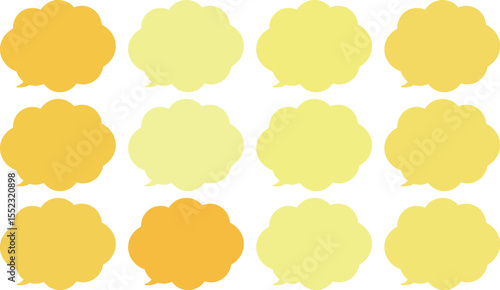 All the bubbles have a distinctive, rounded, cloud-like, or scalloped edge design. This vector image features twelve speech bubbles.　Yellow and orange color.