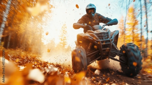 Fototapeta Naklejka Na Ścianę i Meble -  A thrilling rider races an ATV through a colorful autumn landscape, capturing the excitement of outdoor adventure and the beauty of nature during fall.