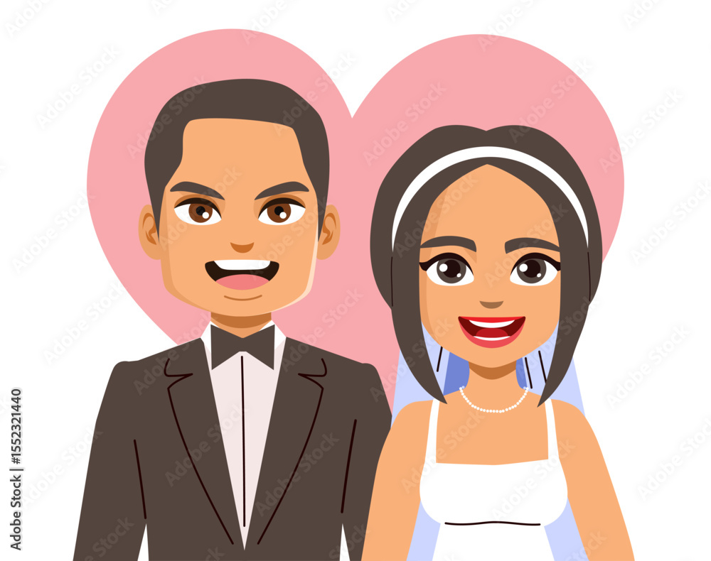 Vector illustration cartoon portrait of a bride and groom on their wedding day, celebrating love and romantic union with joy and happiness Vector illustration cartoon portrait of a bride and groom on their wedding day, celebrating love and romantic union with joy and happiness