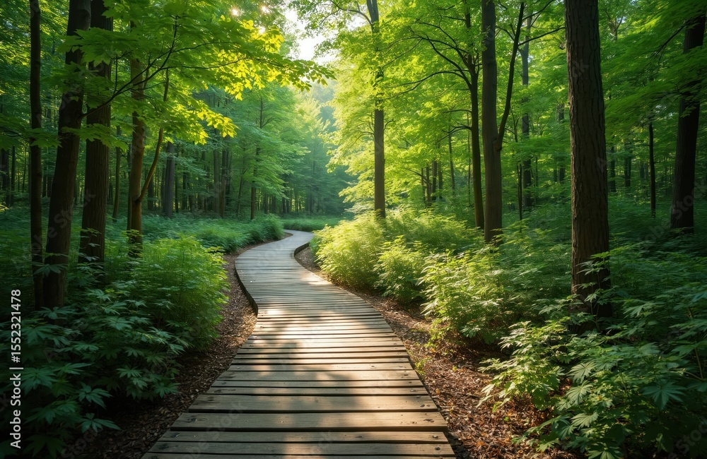 Fototapeta premium Scenic wooden trail winds through rich green forest. Boardwalk path leads to adventure. Trees frame pathway, create natural beauty. Sunlight streams. Eco-friendly. Perfect for hiking, outdoor travel.