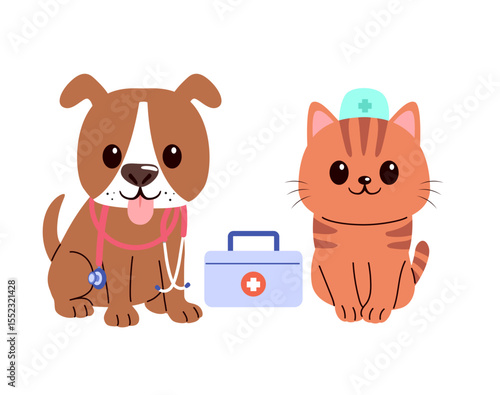 Vector illustration cartoon showing a dog and cat dressed as veterinarians inside an animal hospital holding a first aid kit and treating pets