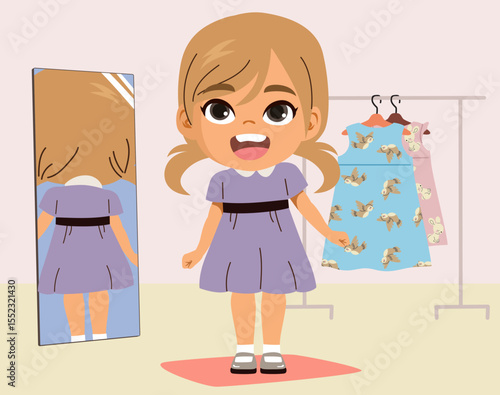 Vector illustration cartoon of a baby girl putting on clothes in her bedroom, capturing the domestic morning routine and playful independence