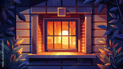 Glowing Window: An inviting square window emits a warm, inviting light, contrasting against the dark exterior, hinting at the cozy ambiance within.
