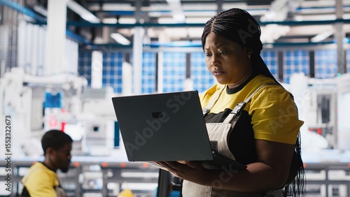 Obraz na płótnie Woman engineer in photovoltaics factory uses tracking software on laptop to diagnose malfunctioning systems