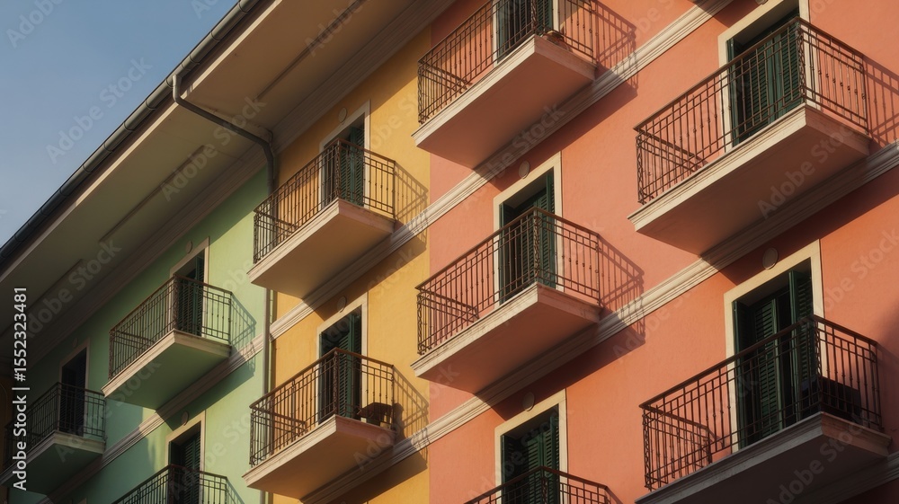 Vibrant multicolored building facade with balconies in sunlight Vibrant multicolored building facade with balconies in sunlight