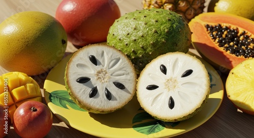 Assorted Exotic Fruits Displayed on a Colorful Plate Featuring Soursop, Papaya, Mango, Pineapple, and More Fresh Produce