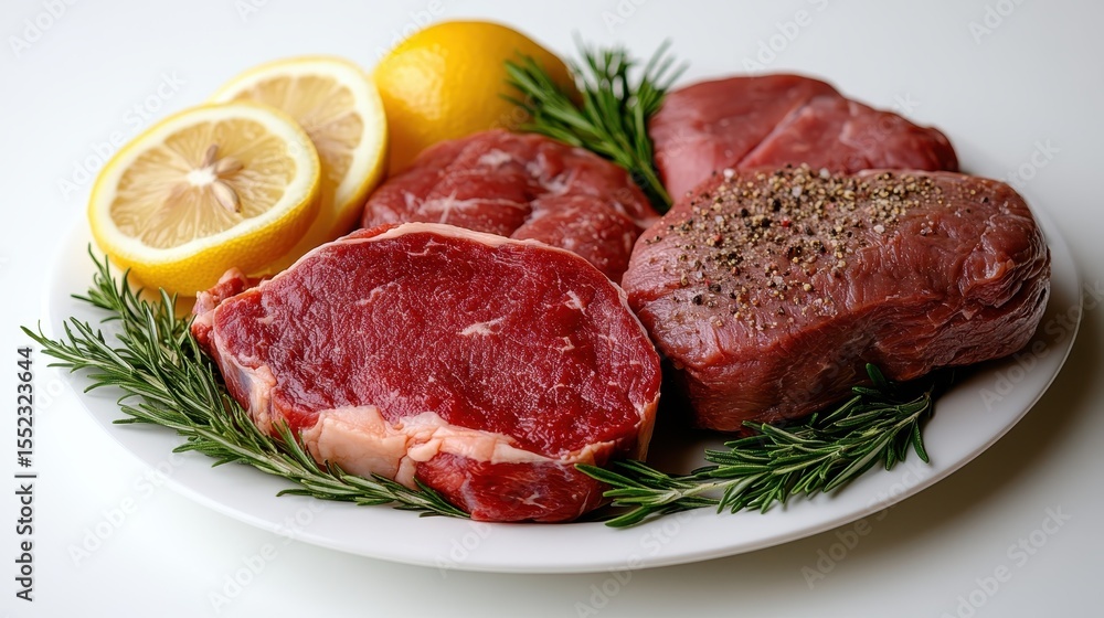 An appetizing display of fresh raw meat cuts garnished with lemons and rosemary, highlighting culinary possibilities and the art of cooking preparation. An appetizing display of fresh raw meat cuts garnished with lemons and rosemary, highlighting culinary possibilities and the art of cooking preparation.