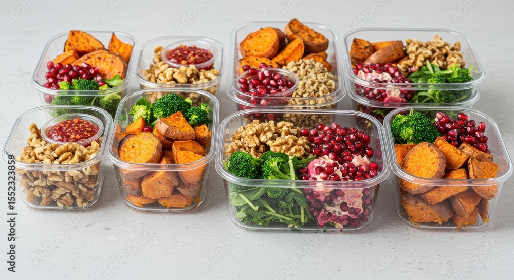 Colorful Healthy Meal Prep with Sweet Potatoes, Greens, and Pomegranate in Clear Containers Colorful Healthy Meal Prep with Sweet Potatoes, Greens, and Pomegranate in Clear Containers