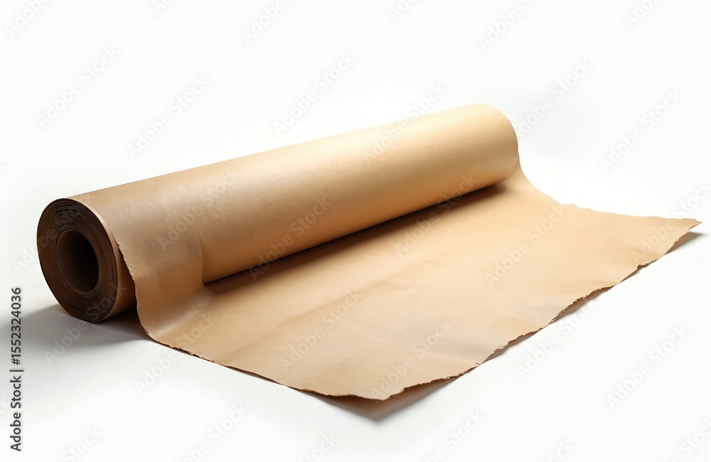 Fototapeta premium Roll brown paper partially unrolled on white background. Parchment paper texture, eco-friendly concept. Kitchen baking, cooking ingredient material, art craft projects, gift wrapping, food packaging.