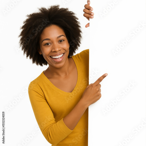 Cheerful woman pointing at blank board isolated on white background