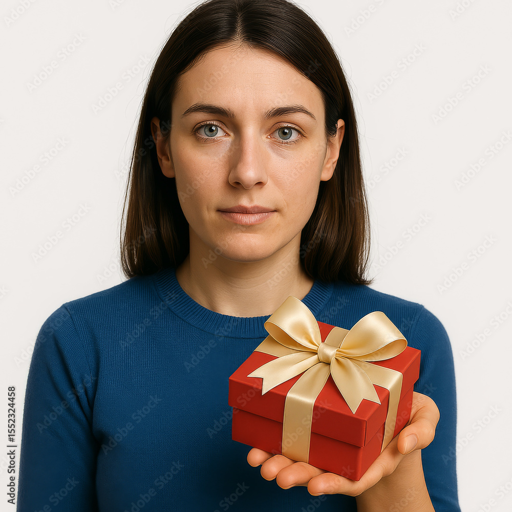 Woman holding a red gift box with gold ribbon isolated on white Woman holding a red gift box with gold ribbon isolated on white