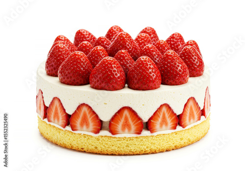 French fraisier strawberry cake, vanilla sponge and whipped cream mousse isolated on white