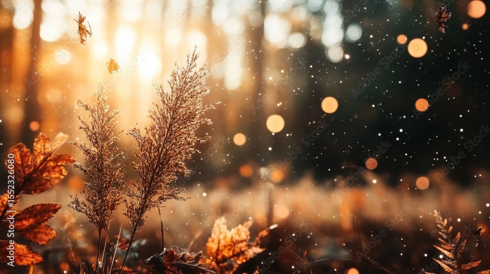 Fototapeta premium A striking autumn landscape captures the essence of fall, with warm sunlight filtering through trees and displaying radiant colors amidst soft bokeh effects in the background.