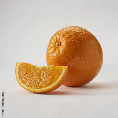 orange with slice on white surface, orange with slice minimal food photo, orange with slice citrus fruit on clean background
