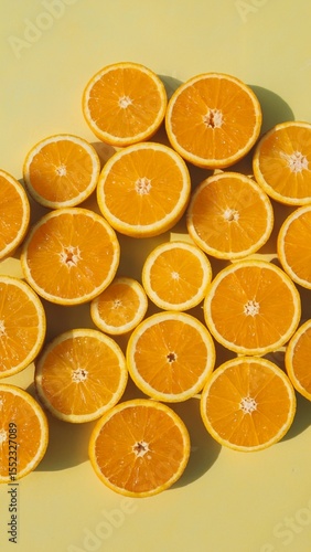 orange slices flatlay on yellow background, orange slices citrus pattern with shadow, orange slices top view fruit background

