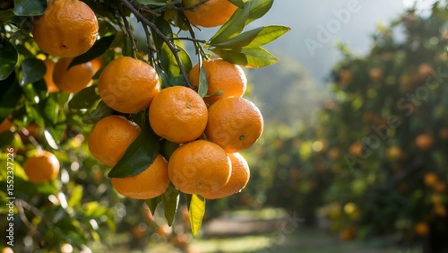 oranges growing on tree in citrus orchard, oranges on tree with sunlight in orange farm, oranges ripe and fresh in natural orchard
