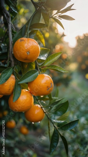 oranges on tree in morning sunlight with dew, oranges on citrus branch in orchard, oranges on tree organic fruit in nature
