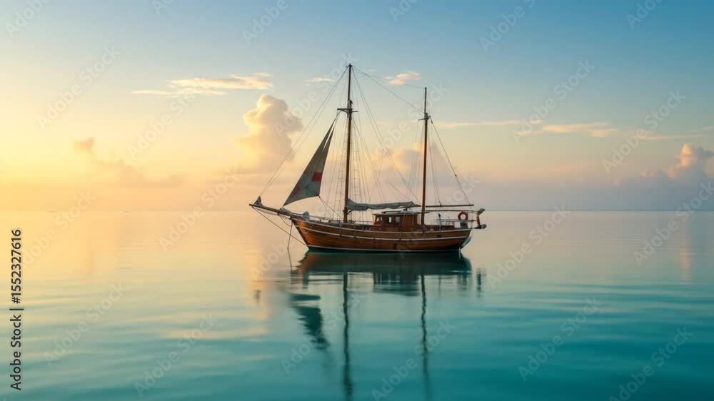 Sailing on Calm Water at Sunset Boat Floating on the Water Sailing on Calm Water at Sunset Boat Floating on the Water