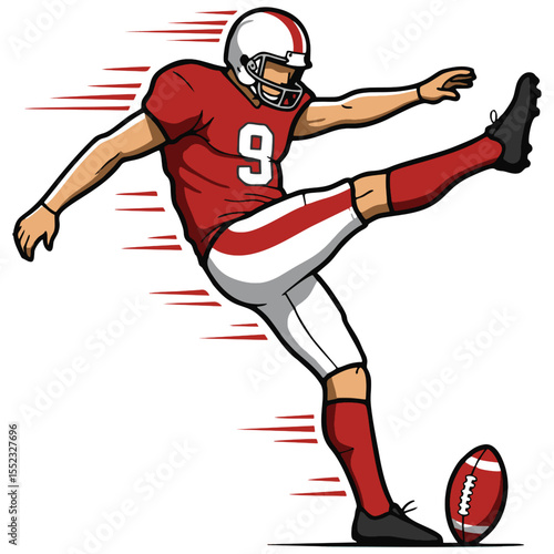 Eine Illustration zeigt einen entschlossenen Fußballspieler in voller Montur, der einen Fußball kickt. Stilisiert in dynamischer Cartoon-Ästhetik mit Bewegungslinien, die schnelle Action suggerieren