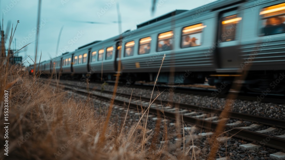 Fototapeta premium Moving train on overcast day with blurred foreground grass