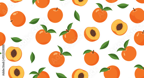 Seamless pattern with ripe peaches and green leaves, vector fruit illustration
