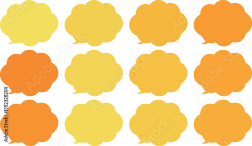 All the bubbles have a distinctive, rounded, cloud-like, or scalloped edge design. This vector image features twelve speech bubbles.　Yellow and orange color.