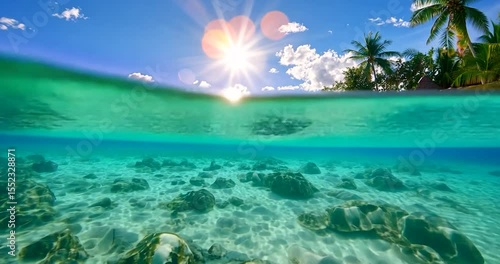 Video capturing split view showing bright sunlight over tropical sea turquoise water and sandy ocean floor with palm trees against a sunny blue sky