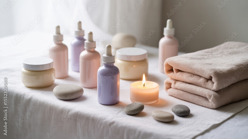 Spa essentials set with candles and serene atmosphere on white linen Spa essentials set with candles and serene atmosphere on white linen