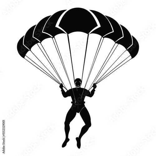 Silhouette of a skydiver descending with a parachute isolated on white background