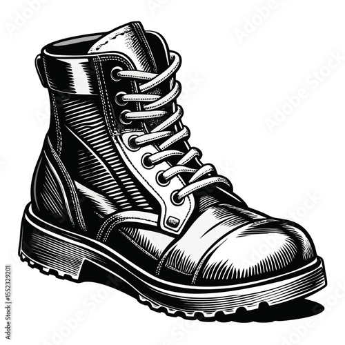 Black and white illustration of a leather work boot isolated on white background
