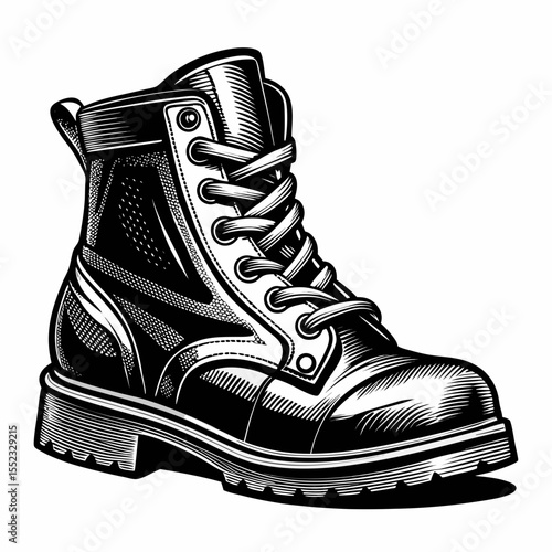 Detailed black and white illustration of a leather work boot isolated on white background