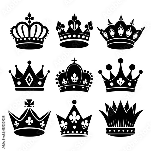 Collection of nine black royal crowns isolated on white background