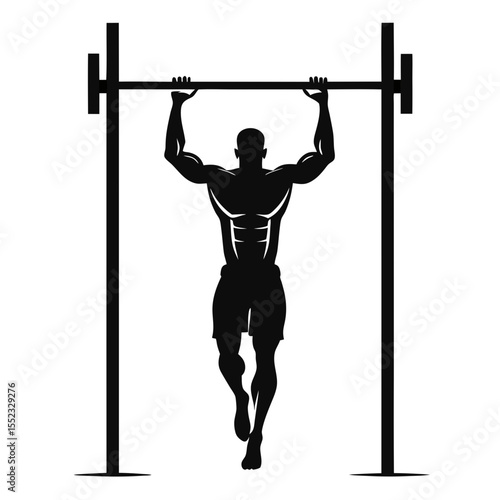 Muscular man performing pull up exercise on horizontal bar isolated on white background