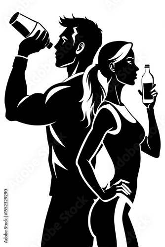 Fit couple silhouette drinking water after workout isolated on white background