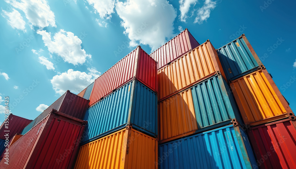 Fototapeta premium Colorful shipping containers stacked against blue sky with clouds. Industrial metal cargo storage solutions, freight transportation, import, export and global trade. Container yard logistics.
