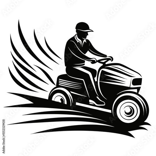 Man driving a riding lawn mower with grass clippings flying isolated on white background