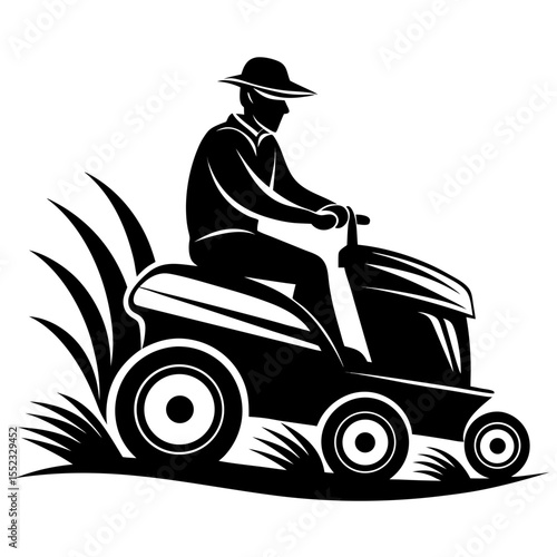 Silhouette of a person riding a lawnmower cutting grass isolated on white background