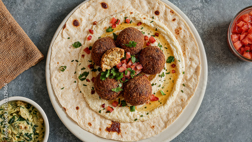 Delicious lebanese falafel wrap with creamy hummus