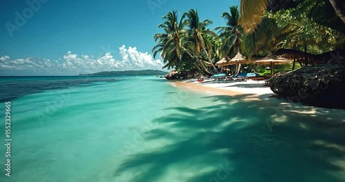 Video of a pristine tropical beach with turquoise water white sand and palm trees. The scene evokes a sense of paradise with sunlight creating a serene atmosphere