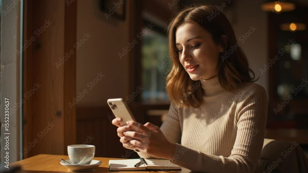 Woman Using Phone at Table in Sunny Cafe Interior Woman Using Phone at Table in Sunny Cafe Interior