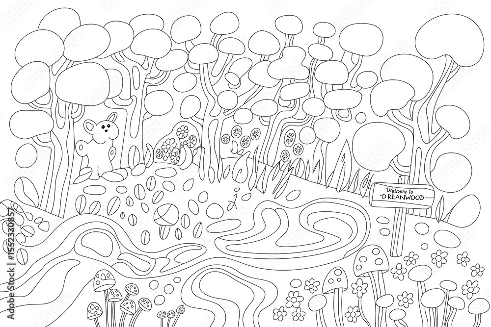 Obraz premium Whimsical forest scene, detailed line art, winding paths, and whimsical creatures.