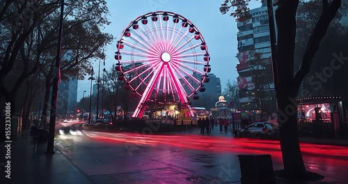A nighttime video of a vibrant illuminated ferris wheel in an urban setting with streaks of car light trails. The scene is set in a city street, trees and buildings, creating a dreamy atmospheric