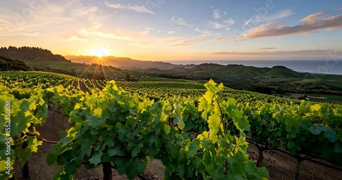 Video of a vineyard at sunset with golden hour lighting rows of grapevines sea and hills on background